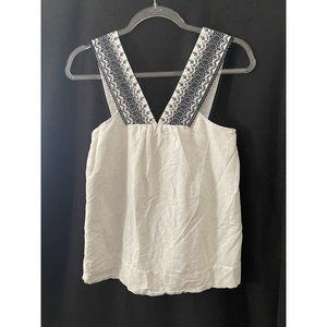 J Crew Tank Top Womens 00 White Blue Navy Embroidered Straps Linen Cotton Shirt